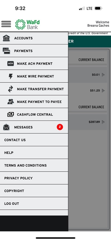A screenshot of the WAFD Treasury Mobile App with open menu for accounts, payments, mobile deposits and more.