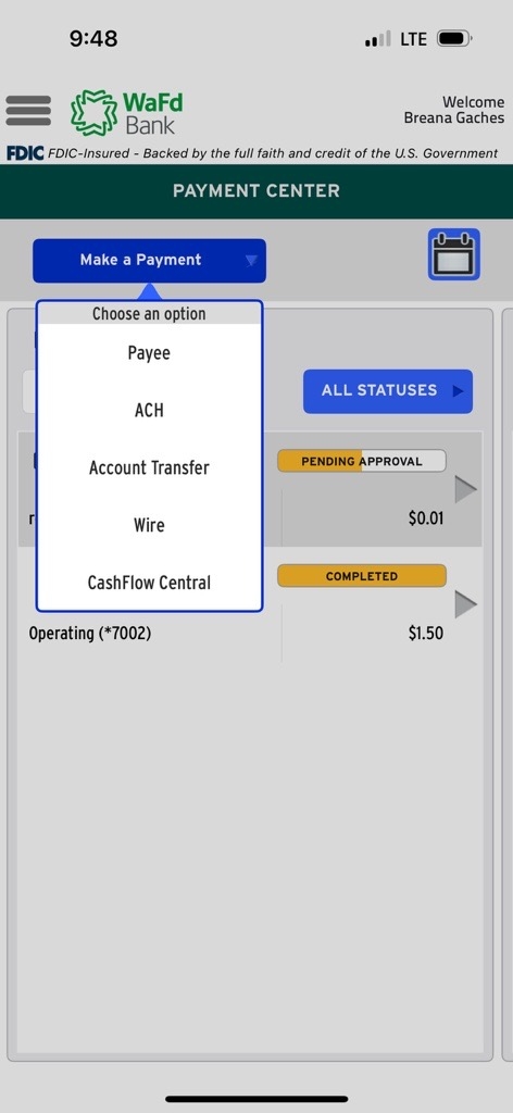 A screenshot of the WAFD Treasury Mobile App showing how to quickly make a payment.