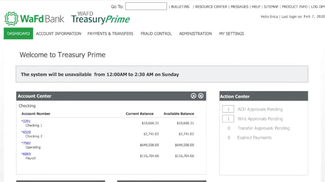Screenshot of the Treasury Prime online business banking dashboard.