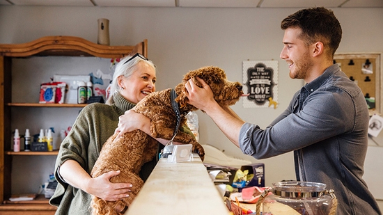 A smiling man at a service counter greets a woman holding her brown poodle in a pet-friendly shop.