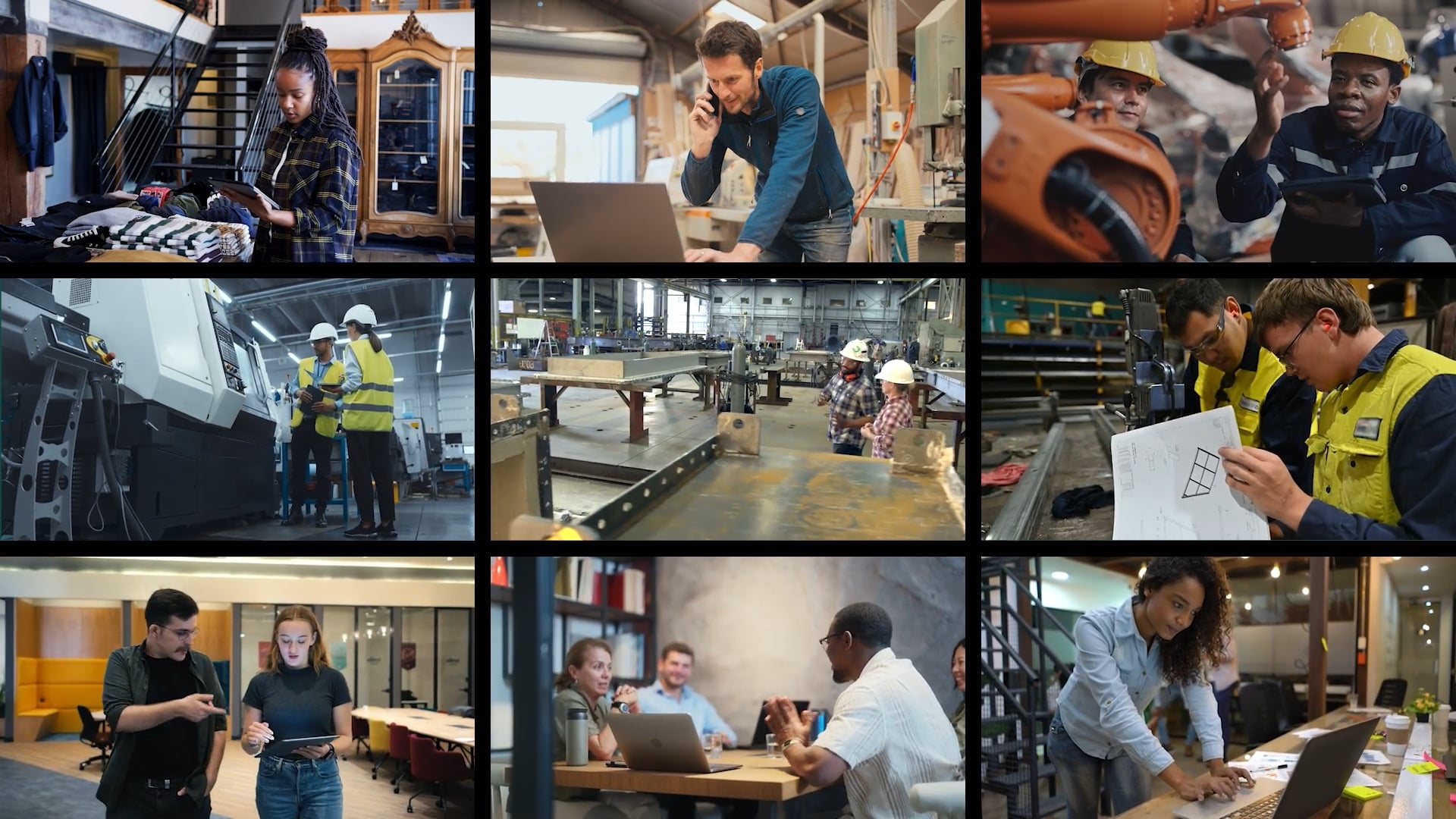 A grid view video still showing nine different scenes of people working in various settings, including a clothing store, workshops, factories, and office meetings.