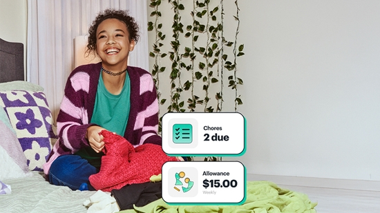 Smiling teenager sitting on their bed with clothes, with overlays showing "Chores 2 due" and "Allowance $15.00 Weekly."