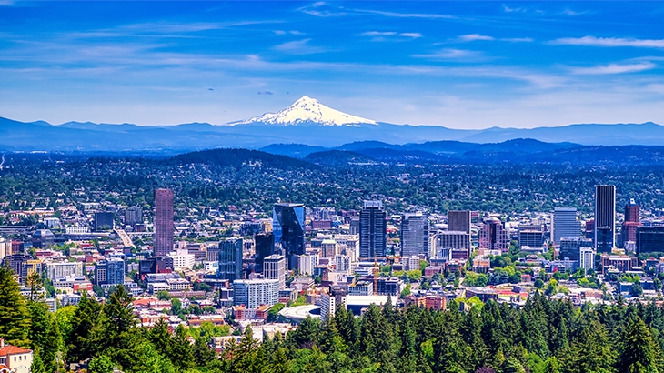 Panorama of Portland, Oregon, skyline with Mt. Hood.