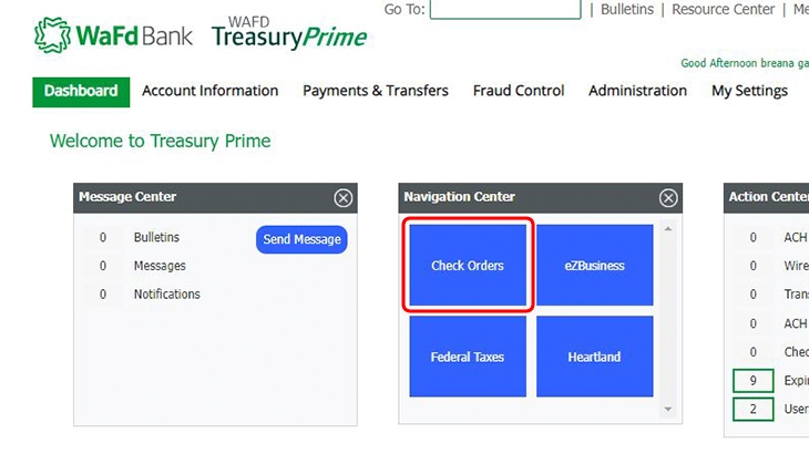 WAFD Treasury Prime check order screen.