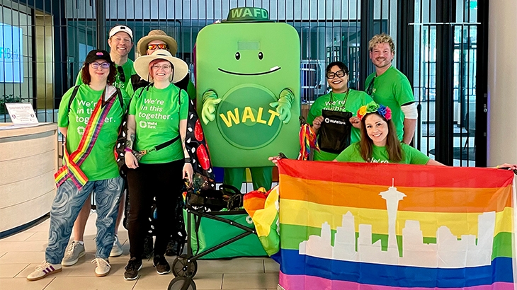 A diverse group of WaFd employees at a Seattle pride event.