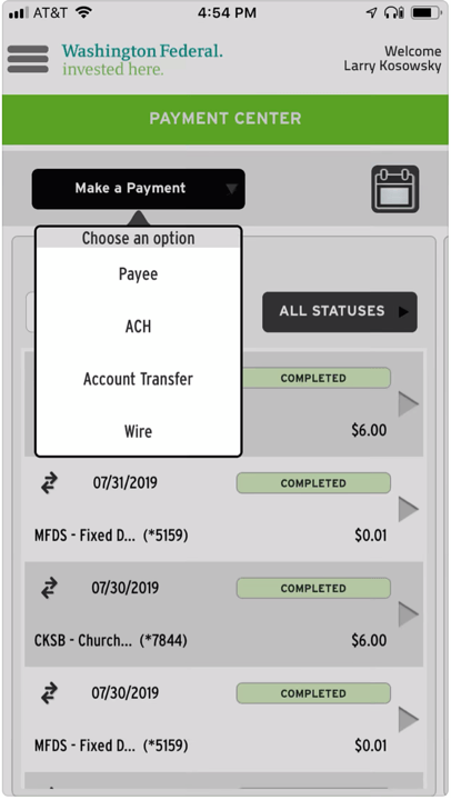 A screenshot of the WAFD Treasury Mobile App showing how to quickly make a payment