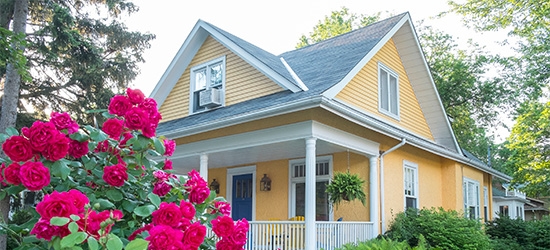 Idaho home with spring flowers.