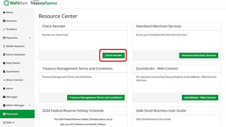 WAFD Treasury Express check order screen.